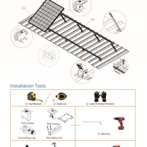 Estructura soporte de aluminio con montaje inclinado para techo metalico con angulo de inclinación ajustable de 30-45° para 4 paneles de manera vertical de hasta1650mm de alto (en caso de utilizar paneles más largos se recomienda colocar más puntos de agarre)