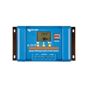 Regulador de carga BlueSolar PWM-LCD&USB 12/24V-10A. Corriente de carga 10A. Tensión max entrada VOC 28/55V. VDC 12/24V.