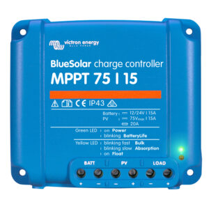 Regulador de carga BlueSolar MPPT 75/15 Retail. Corriente de carga 15A. Tensión max entrada VOC 75V. VDC 12/24V.