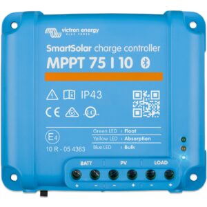 Regulador de carga SmartSolar MPPT 75/10 Retail. Bluetooth incorporado. Corriente de carga 10A. Tensión max entrada VOC 75V. VDC 12/24V.