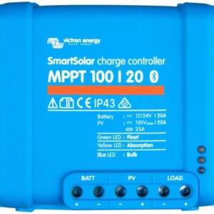 Regulador de carga SmartSolar MPPT 100/20 (up to 48V) Retail. Bluetooth incorporado. Corriente de carga 20A. Tensión max entrada VOC 100V. VDC 12/24/48V.